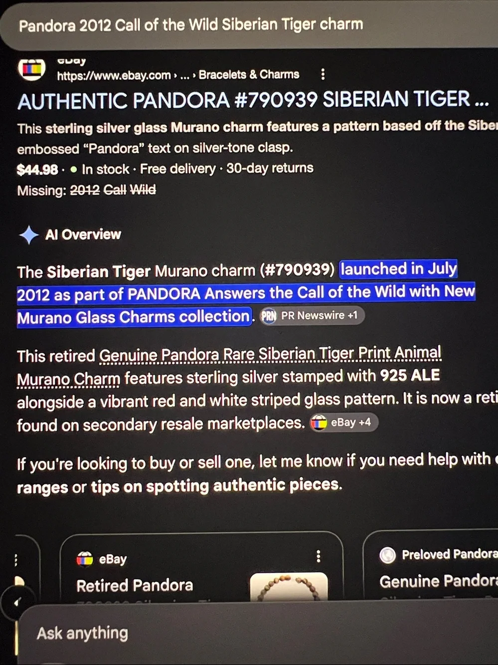 Pandora Siberian Tiger Murano Charm